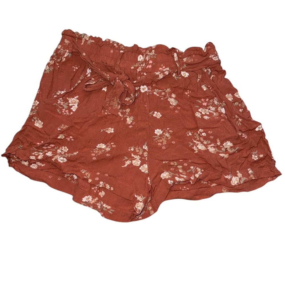 Pink Rose High Waisted Floral Ruffle Hem Shorts - Rust/White - Large